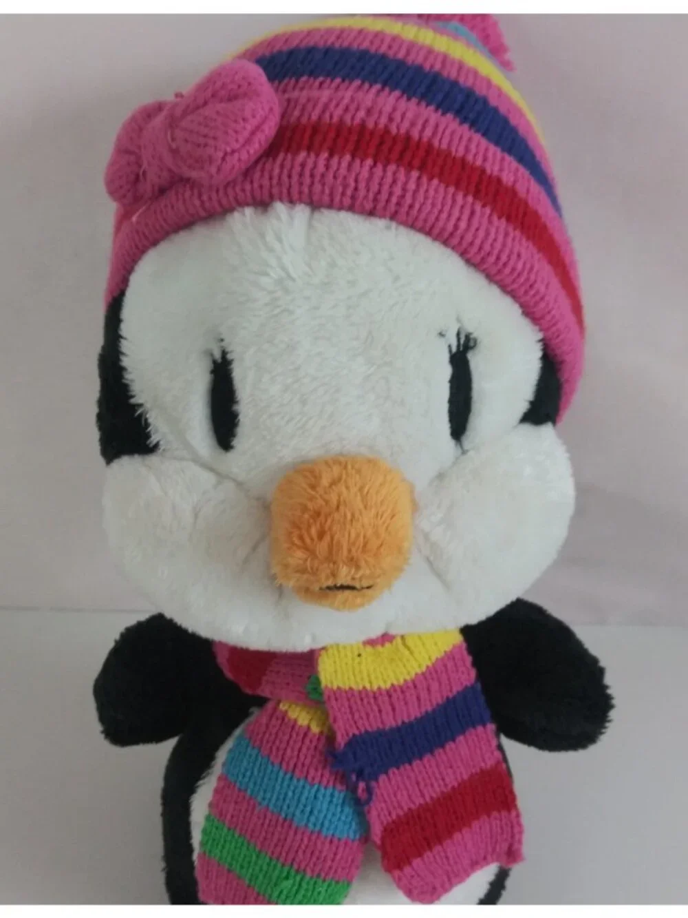 The Children's Place Penguin Pink Striped Hat/Scarf 9” Plush Stuffed Animal Toy